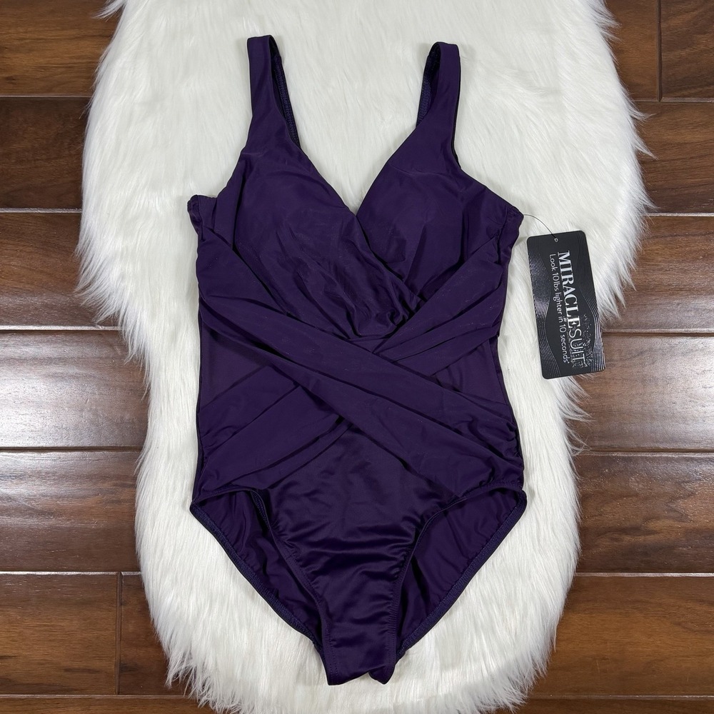 Miraclesuit Women's Size 10 Purple Crossover Mesh One Piece Swimsuit‎